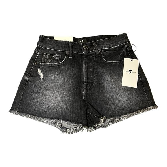 NWT 7‎ For All Mankind Black Distressed Denim Monroe Raw Cut Off Shorts Size 23 - Picture 1 of 8